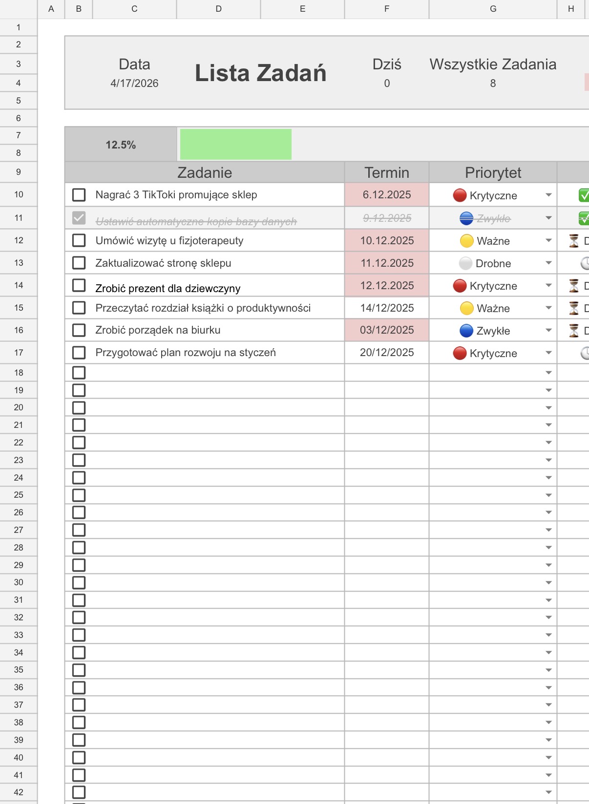 Podgląd arkusza Tracker Zadań w Pakiecie Reset